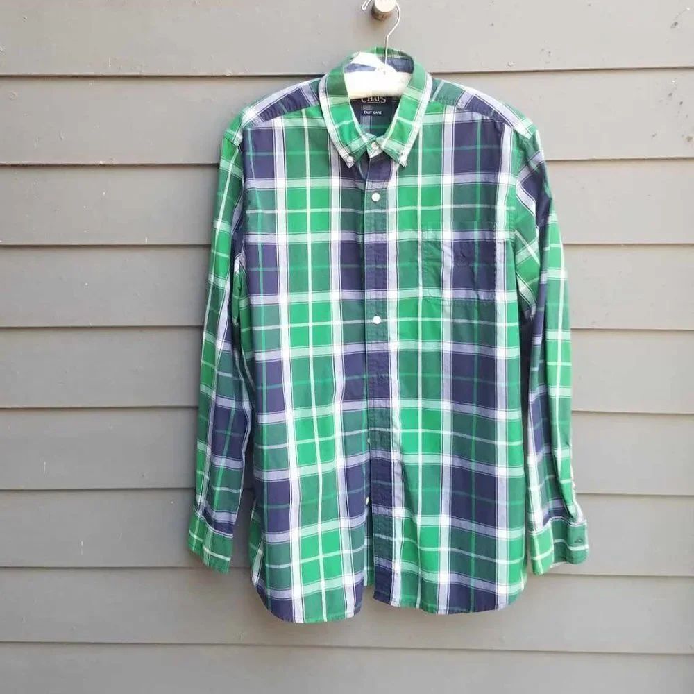 Mens Chaps Navy Green Plaid Cotton Blend Shirt Size Large